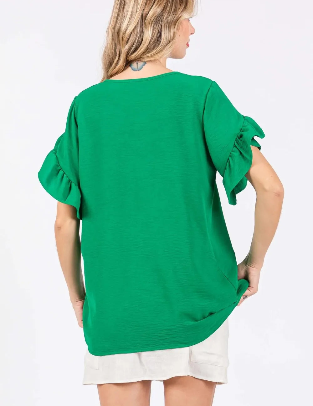 GeeGee Ruffled Short Sleeve V-Neck Blouse | Daverri Fashions