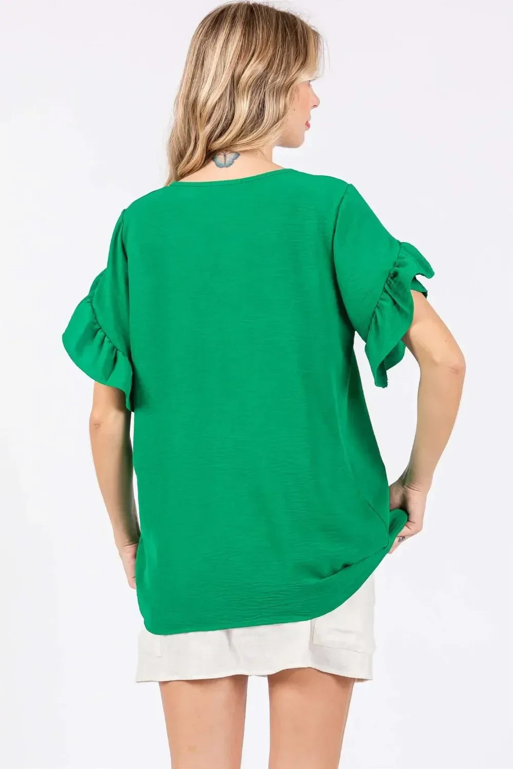 GeeGee Ruffled Short Sleeve V-Neck Blouse - DAVERRI FASHIONS