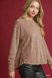 Umgee Round Neck Long Sleeve Side Slit Top | Knit Tops Daverri Fashions