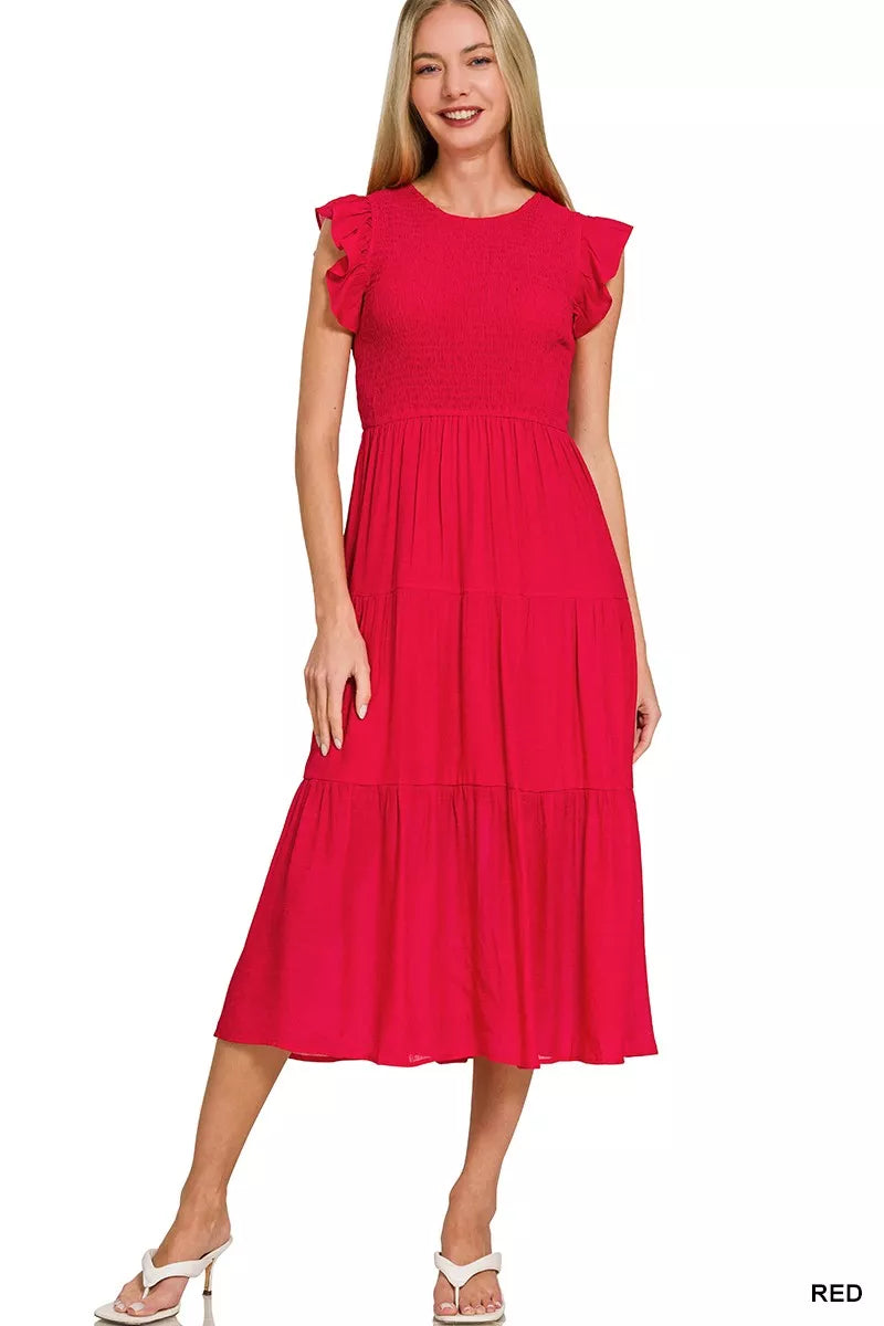 Zenana woven smocked ruffle sleeve midi dress in vibrant red