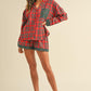Annie Wear Contrast Plaid Long Sleeve Top and Shorts Set Short Sets