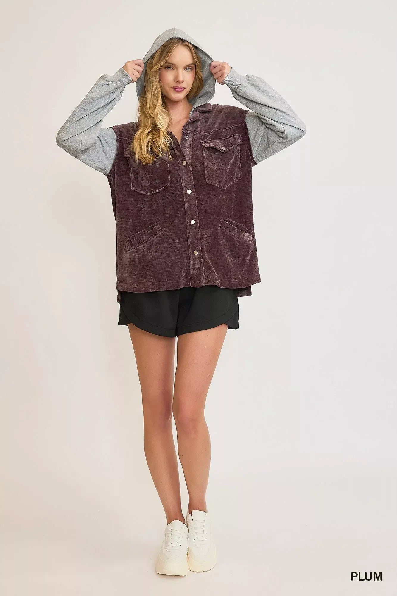 Umgee Contrast Hooded Chenille Jacket Plum - DAVERRI FASHIONS