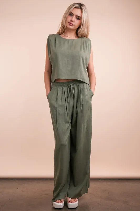 VERY J Solid Woven Top & Pants Set Olive Outfit Sets