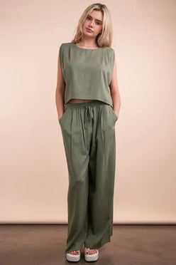 VERY J Solid Woven Top & Pants Set - DAVERRI FASHIONS