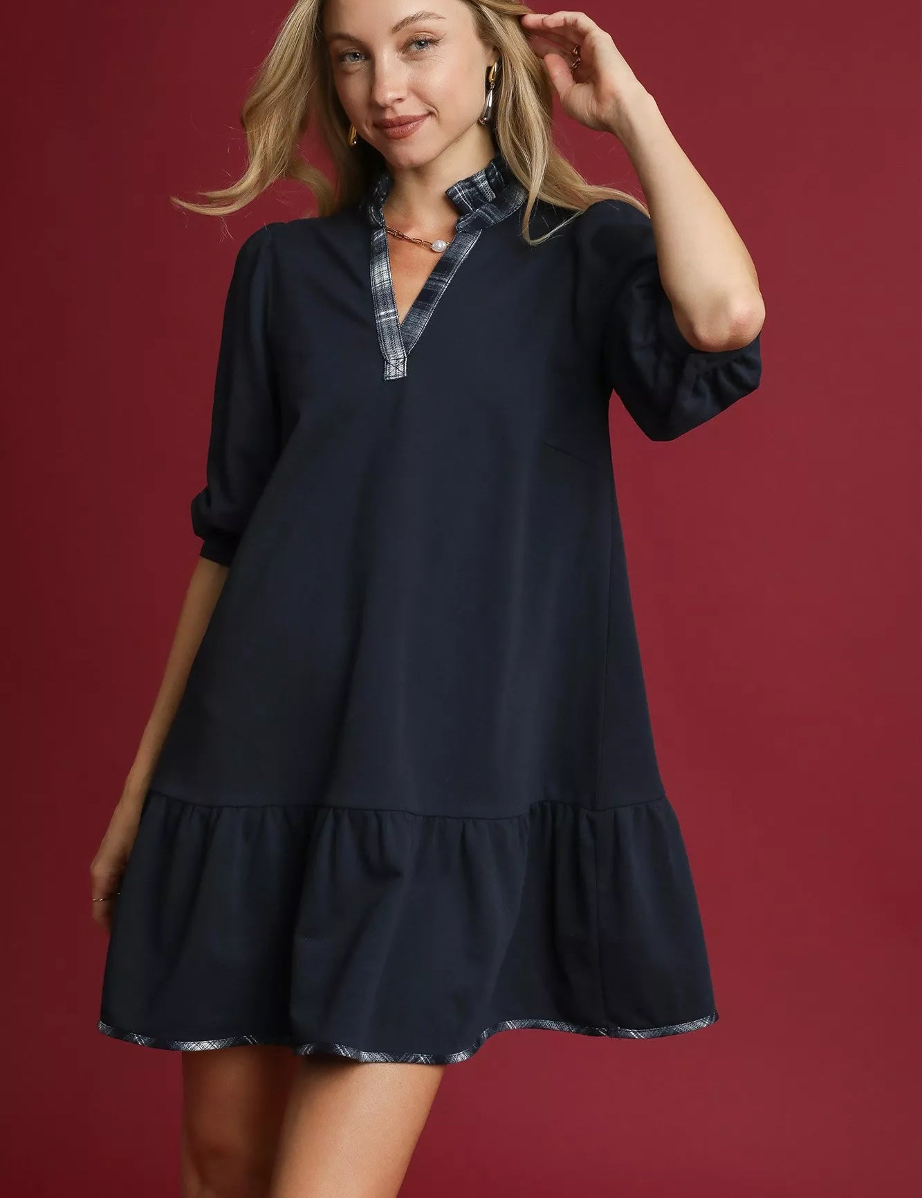 Navy Umgee French Terry Ruffle Hem Dress with Plaid Trim | Mini Dresses Daverri Fashions