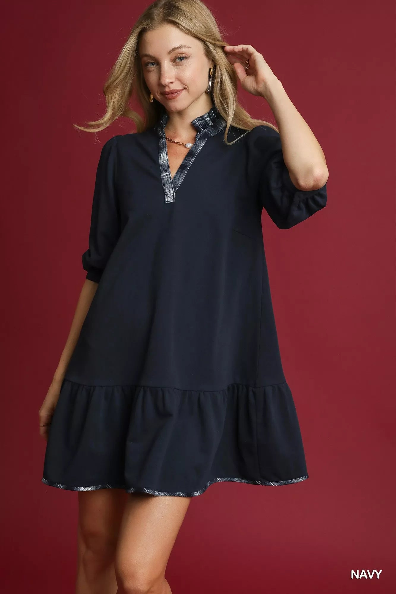 Navy Umgee French Terry Ruffle Hem Dress with Plaid Trim | Mini Dresses Daverri Fashions