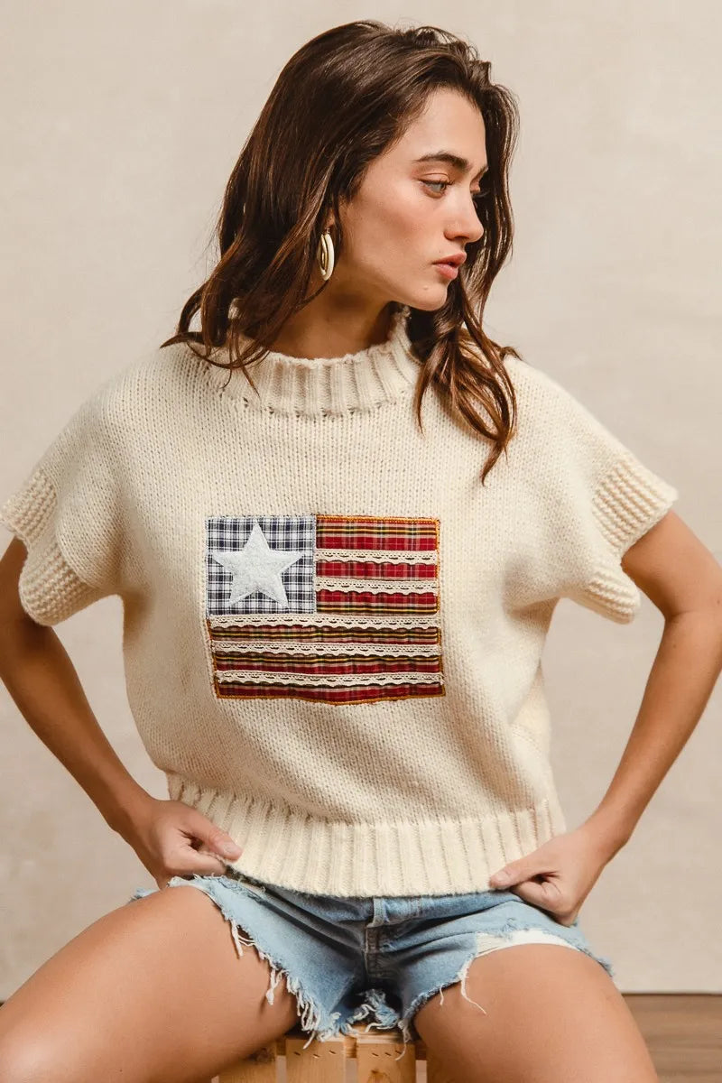BiBi American Flag Patchwork Drop Shoulder Sweater | Sweaters Daverri Fashions