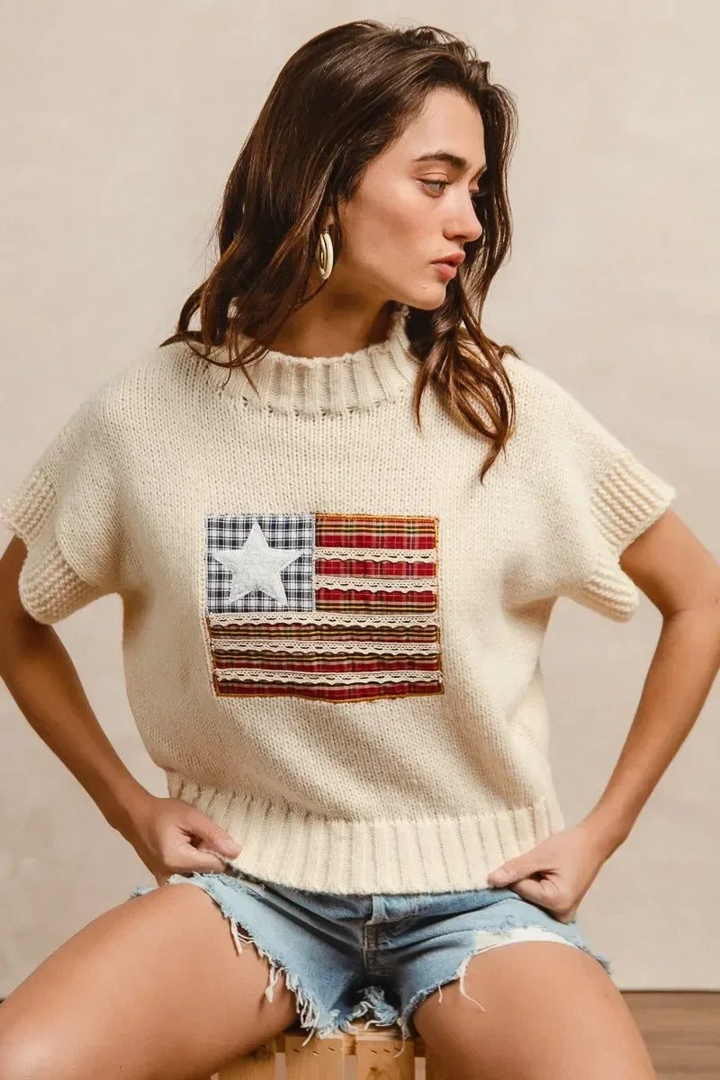 BiBi American Flag Patchwork Drop Shoulder Sweater - DAVERRI FASHIONS
