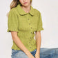 Umgee lime green smocked short-sleeve blouse with Peter Pan collar