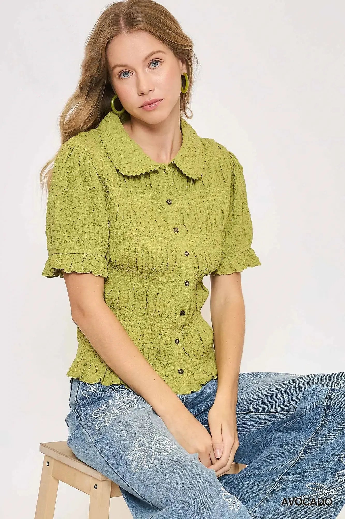 Umgee lime green smocked short-sleeve blouse with Peter Pan collar