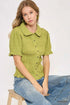 Umgee lime green smocked short-sleeve blouse with Peter Pan collar