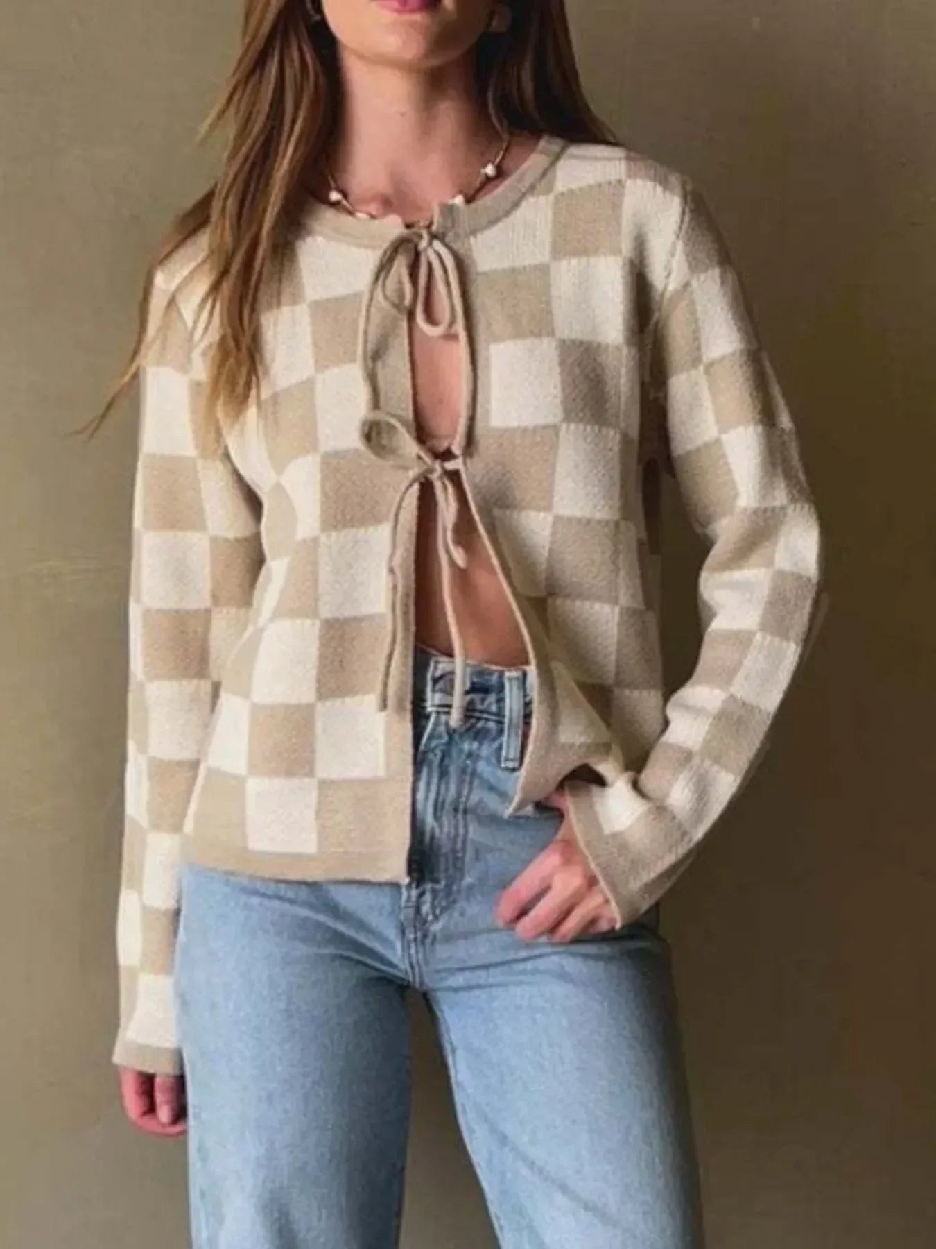 Checkered Tie-Front Cropped Cardigan - DAVERRI FASHIONS