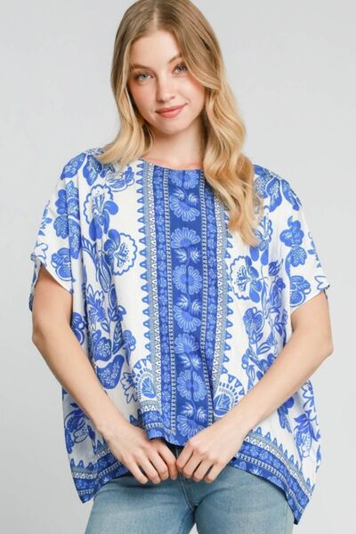 Umgee Full Size Floral Border Print Oversized Top Blue Tops