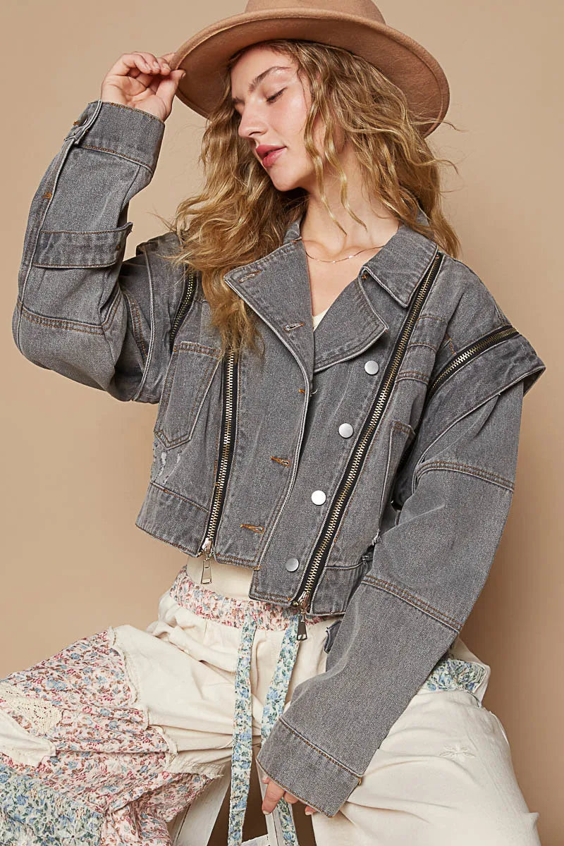 POL Cropped Denim Jacket with Functional Zipper Detail Jackets