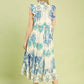 Umgee Boho Border Print Ruffle Midi Dress in white with blue teal paisley patterns