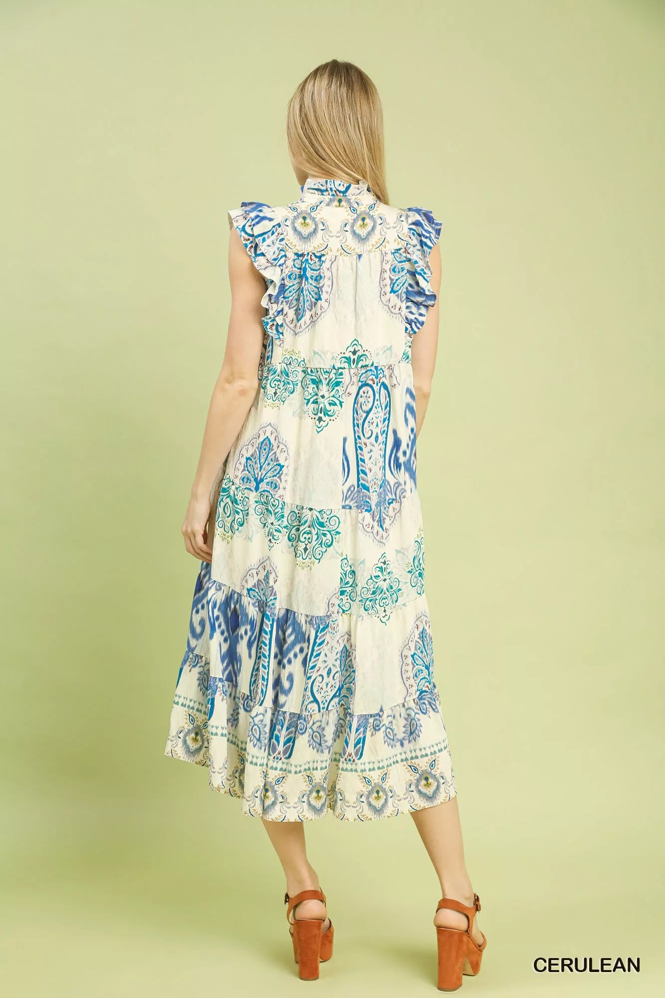 Umgee Boho Border Print Ruffle Midi Dress in white with blue teal paisley patterns