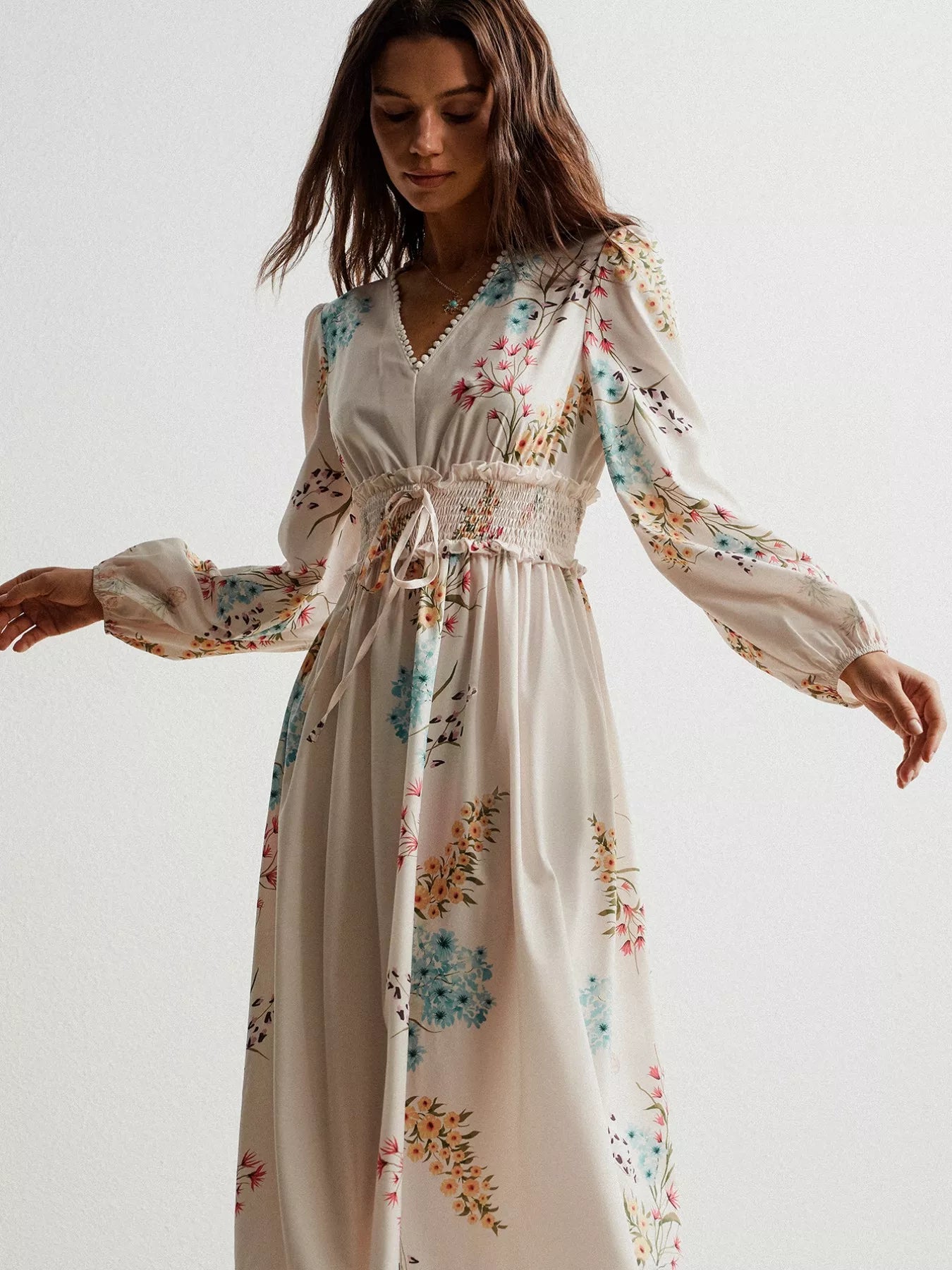 Cream floral print long sleeve maxi dress with smocked waist