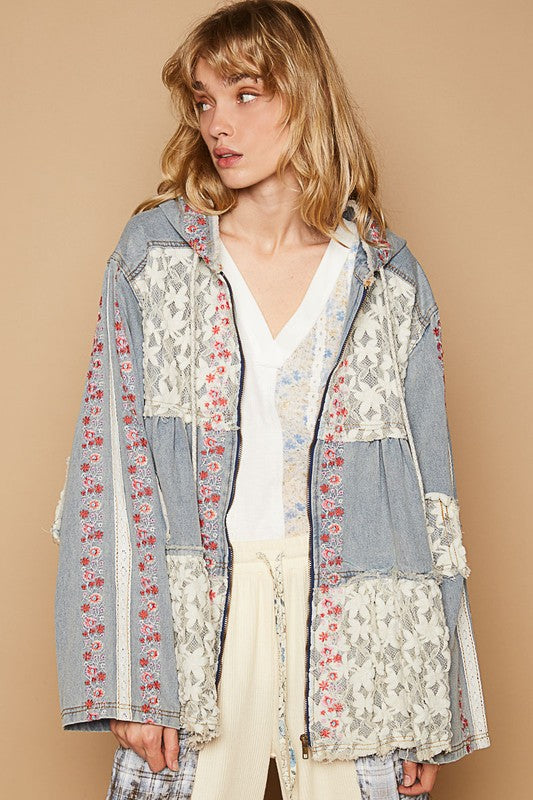 Embroidered Lace Patch Zip Up Hooded Jacket Jackets