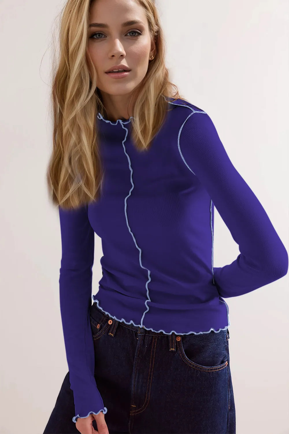 Daverri contrast trim mock neck long sleeve royal blue T-shirt