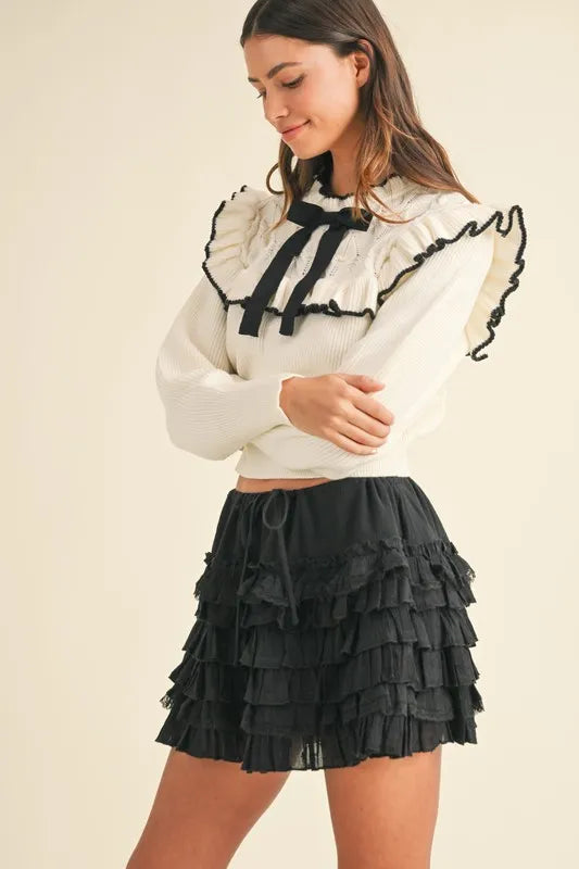 MABLE Ruffle Detailed Cotton Gauze Tiered Mini Skirt