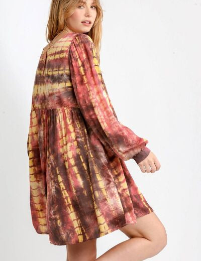 Umgee Full Size Tie Dye Long Sleeve Babydoll Dress with Keyhole Plus Size