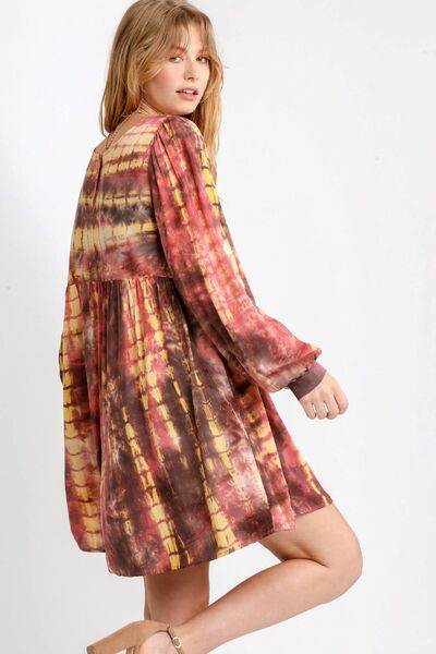 Umgee Full Size Tie Dye Long Sleeve Babydoll Dress with Keyhole Plus Size Babydoll Dresses