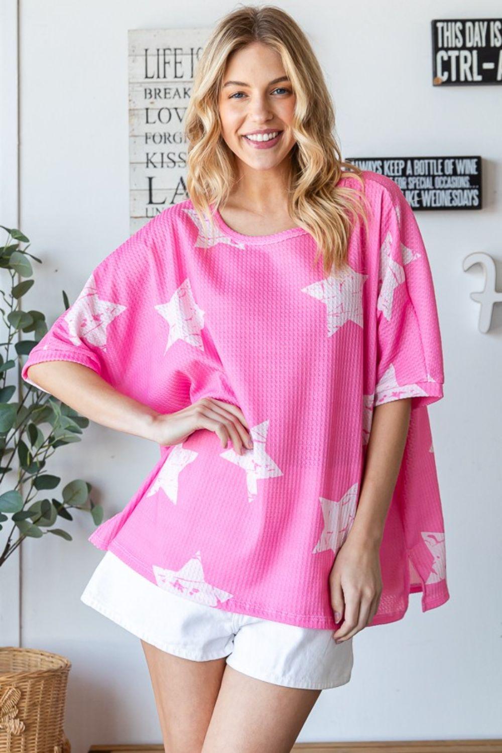 HOPELY Hot Pink Star Pattern Oversized Waffle T-Shirt T-Shirts
