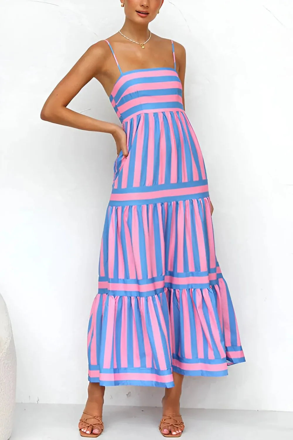 Daverri striped tiered maxi cami dress in vibrant pink blue vertical stripes