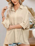 Beige oversized button-down shirt with 3/4 sleeves for women