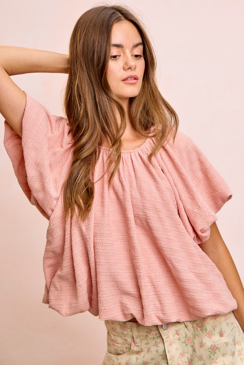 BiBi Stripes soft pink textured cotton shirred neckline top