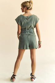 Davi & Dani Acid-Washed Waffle Knit Cuffed Sleeves Romper | Rompers Daverri Fashions