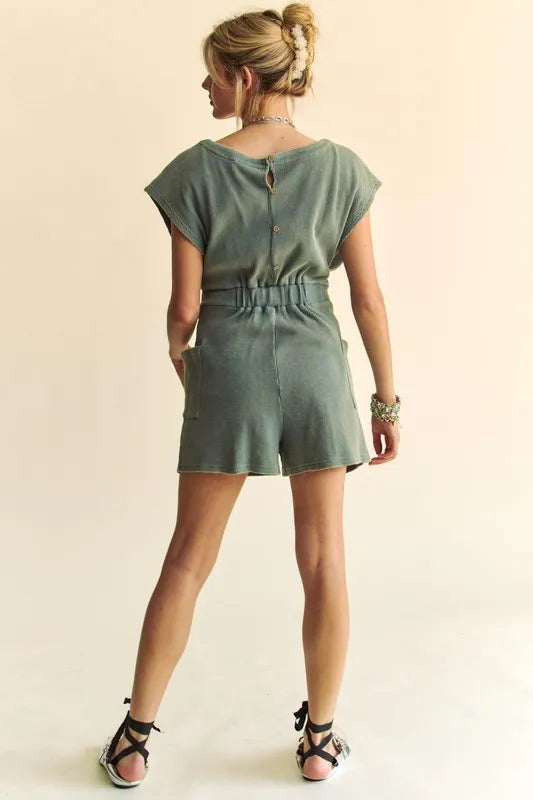 Davi & Dani Acid-Washed Waffle Knit Cuffed Sleeves Romper Rompers