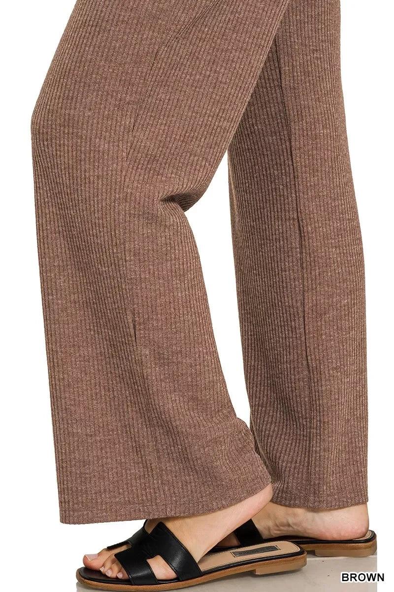 Ribbed Drawstring Lounge Pants Brown - DAVERRI FASHIONS