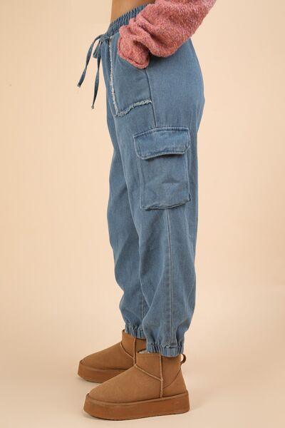 VERY J Washed Drawstring Jogger Cargo Jeans - DAVERRI FASHIONS