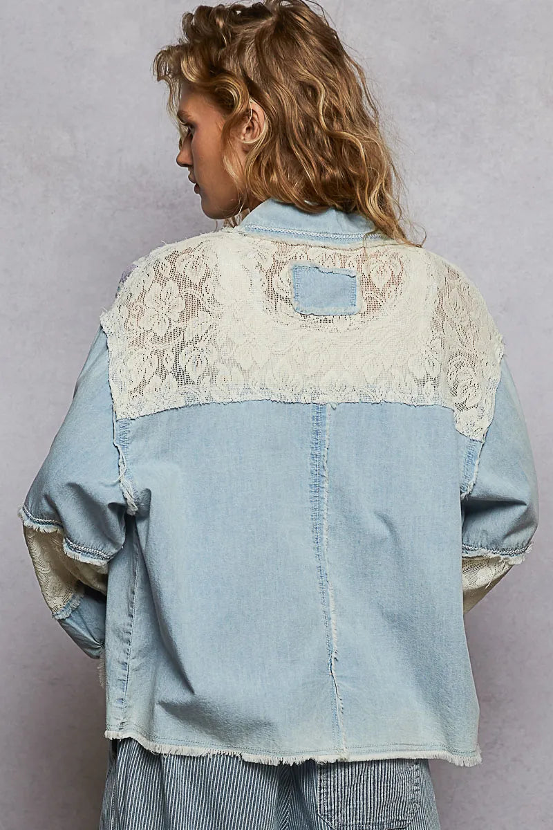 POL Printed Woven Mix Raw Hem Jacket with Lace Detail Shackets