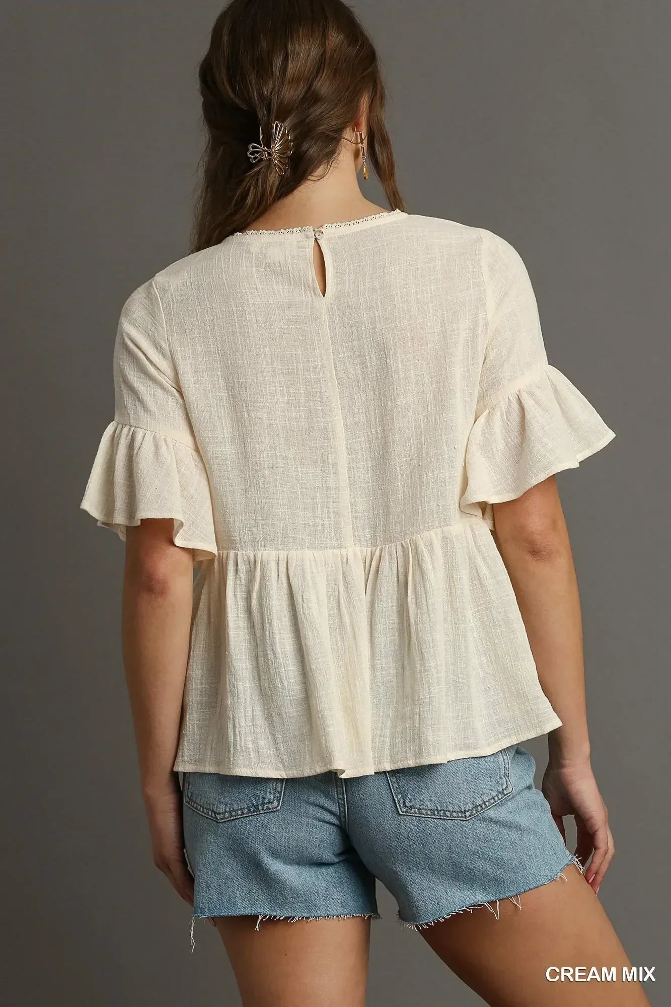 Umgee Floral Lace Trimmed Detail Half Sleeve Babydoll Top - DAVERRI FASHIONS