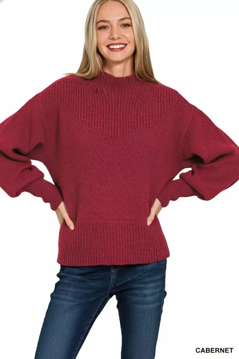 Zenana Cabernet Balloon Sleeve Mock Neck Sweater - DAVERRI FASHIONS