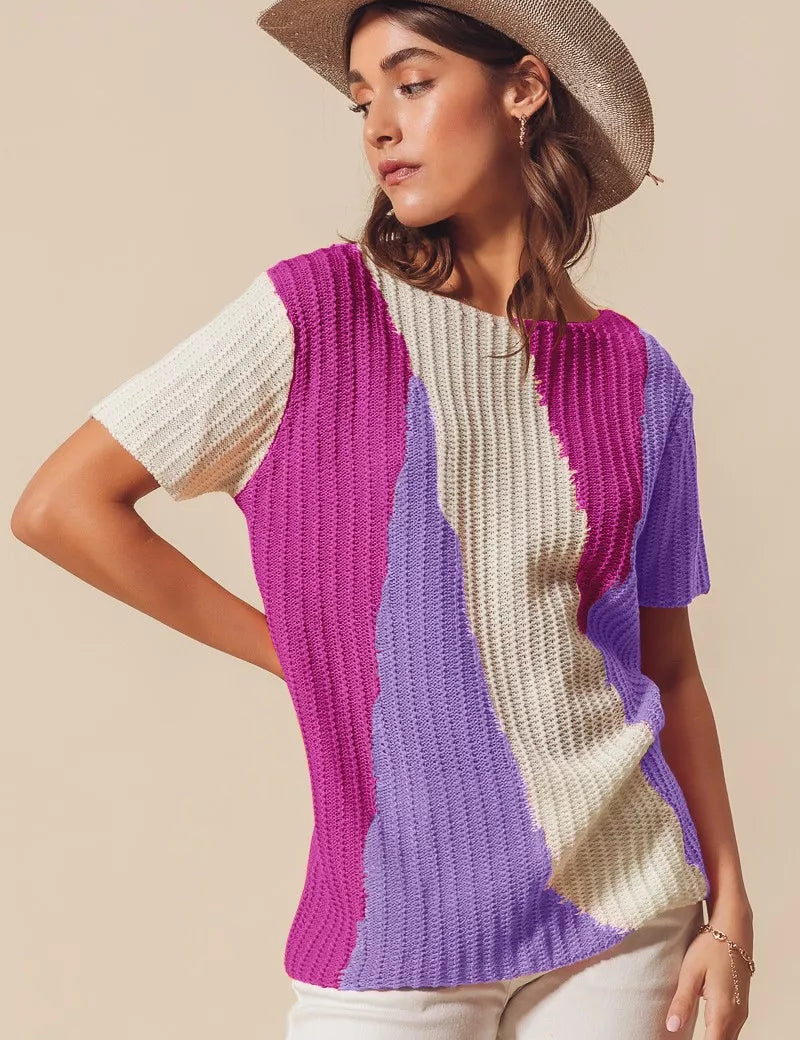 LAVENDER MAGENTA SO ME Boat Neck Multi Colored Lightweight Sweater Top | Daverri Fashions