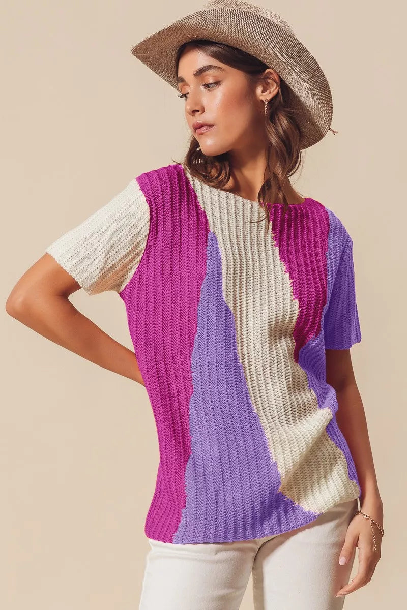 LAVENDER MAGENTA SO ME Boat Neck Multi Colored Lightweight Sweater Top | Daverri Fashions