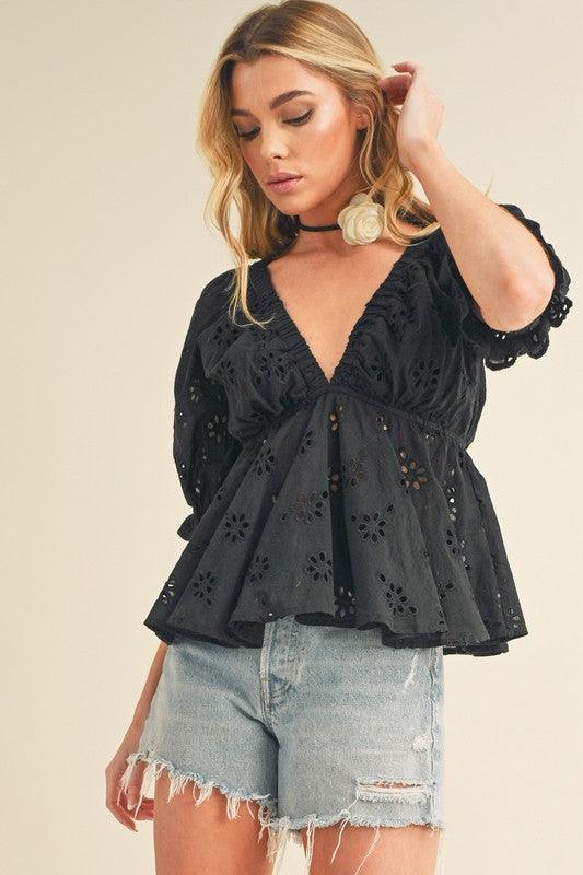 Aemi + Co Eyelet Embroidered V-Neck Half Sleeve Peplum Blouse Blouses