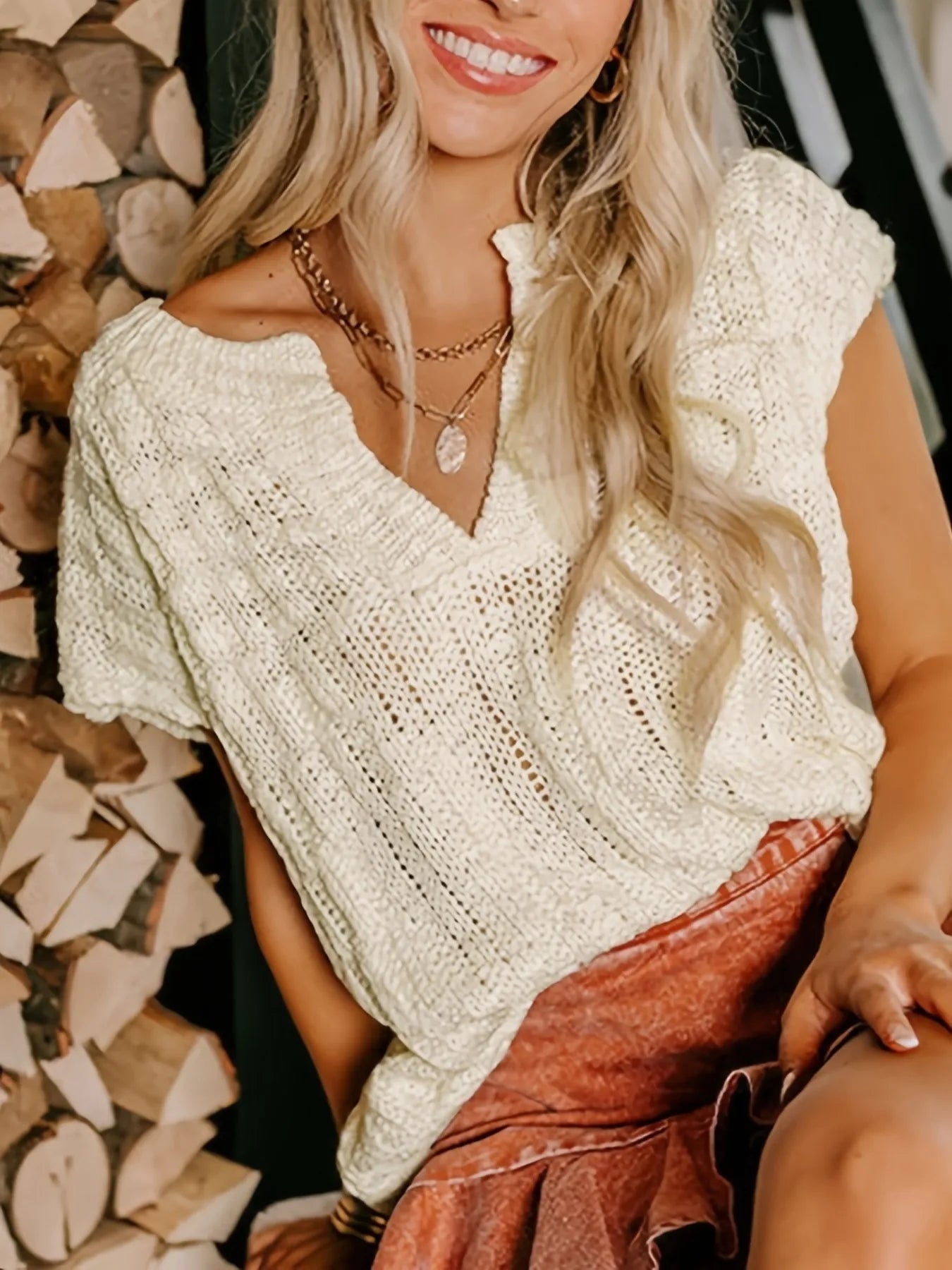 Notched Short Sleeve Sweater | Sweaters Daverri Fashions