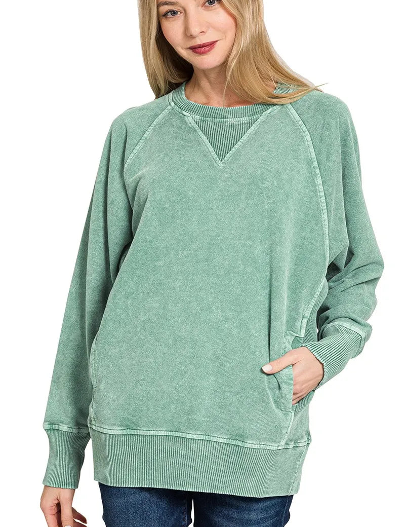 DK GREEN Zenana Halo Snow Washed French Terry Round Neck Sweatshirt DK Green | Sweatshirts Daverri Fashions