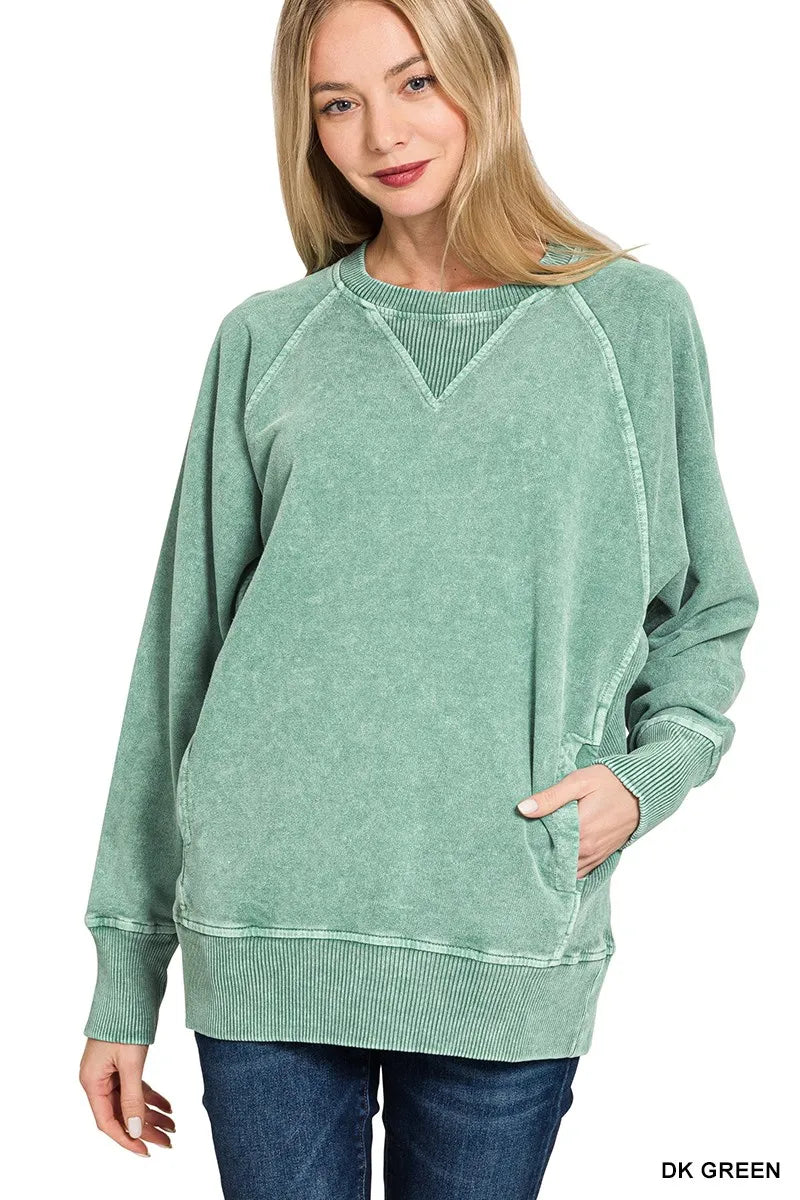 DK GREEN Zenana Halo Snow Washed French Terry Round Neck Sweatshirt DK Green | Sweatshirts Daverri Fashions