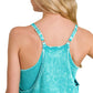 Zenana light teal acid-washed denim tank top with adjustable straps, pockets