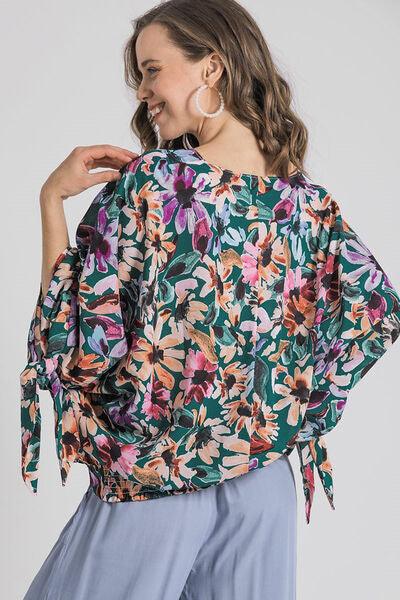 Umgee Full Size Floral V-Neck Tie Sleeve Blouse Plus Size Blouses