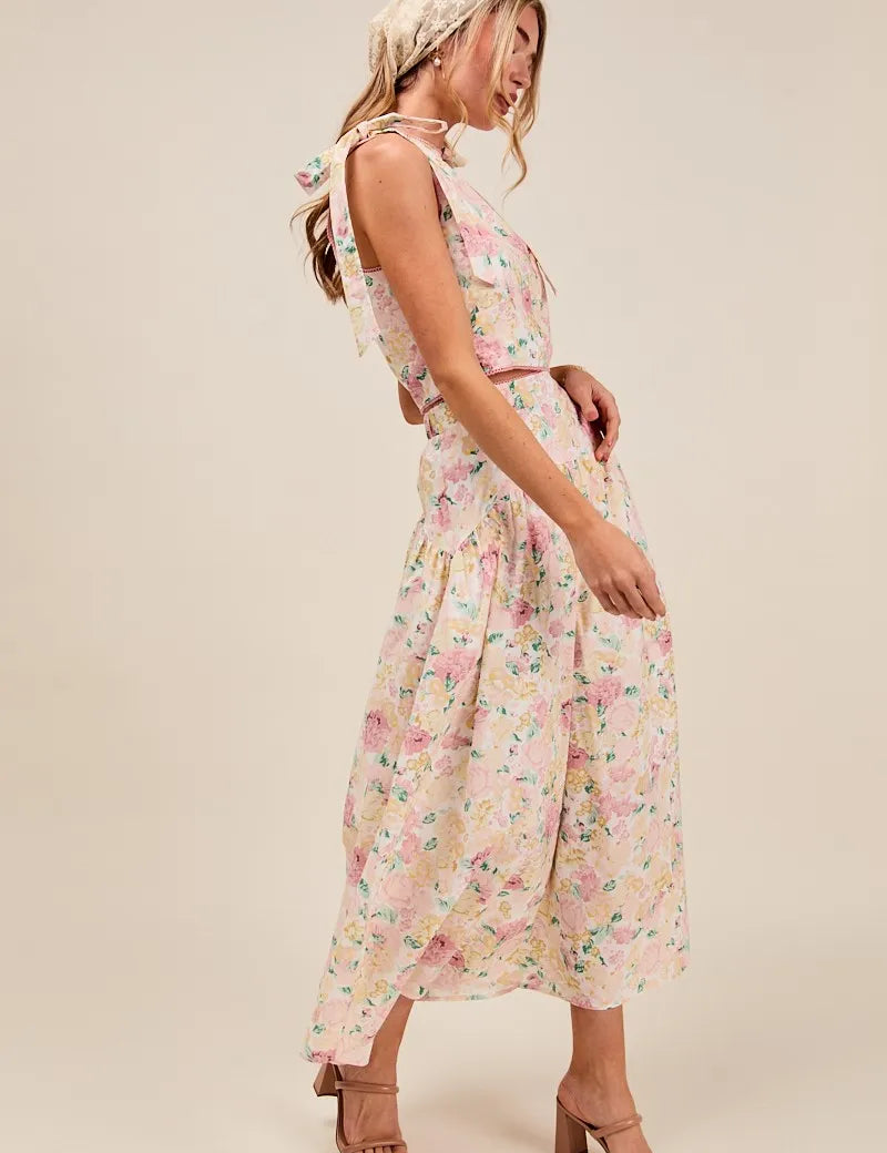 SO ME Floral Printed Woven Shoulder Bow Tie Top and Skirt Set | Outfit Sets Daverri Fashions