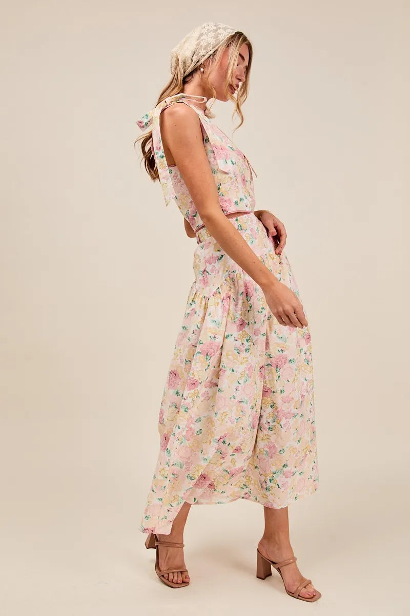 SO ME Floral Printed Woven Shoulder Bow Tie Top and Skirt Set Outfit Sets
