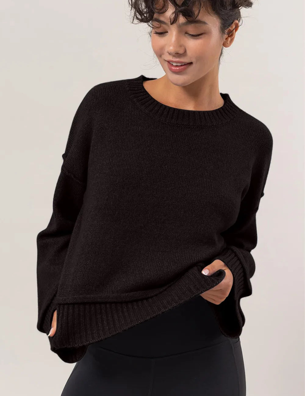 Black HYFVE Round Neck Dropped Shoulder Ribbed Sweater | Sweaters Daverri Fashions