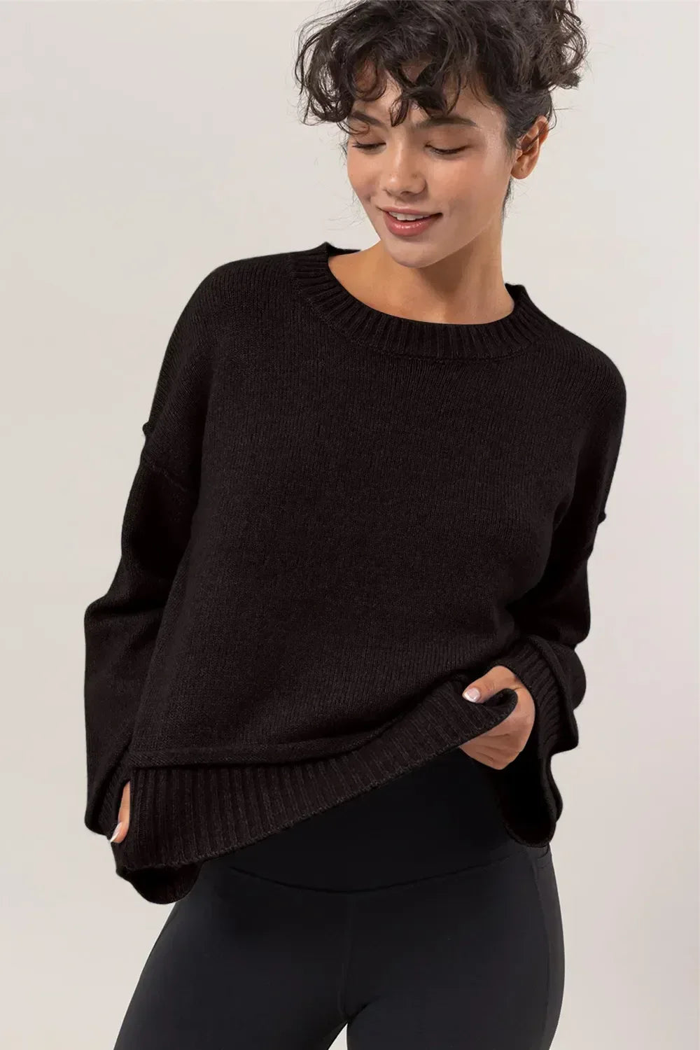 HYFVE Round Neck Dropped Shoulder Ribbed Sweater - DAVERRI FASHIONS