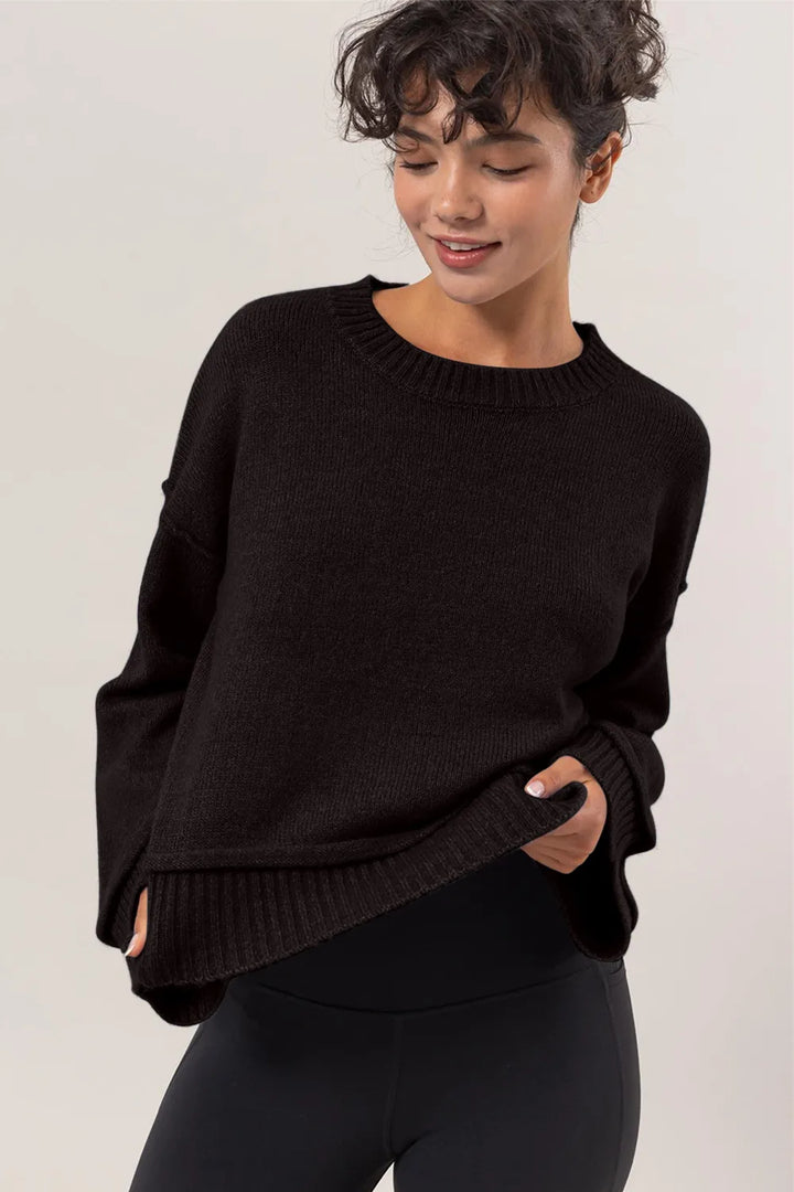 Black HYFVE Round Neck Dropped Shoulder Ribbed Sweater | Sweaters Daverri Fashions